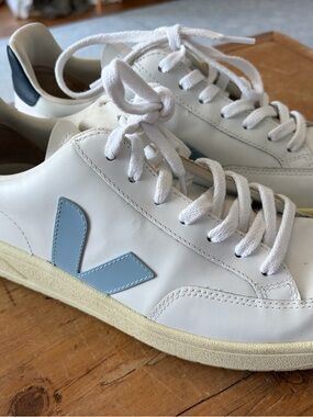 Veja White Leather Sneakers with Light Blue V Logo